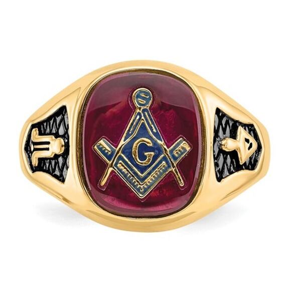 14k Gold Men's  Lab Created Ruby Masonic Ring - Picture 4 of 9